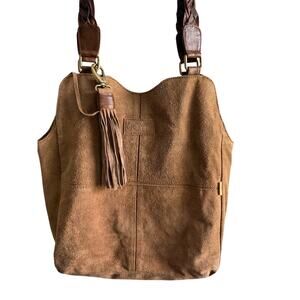 JOYN Handcrafted Suede Leather Bucket Tote Bag Tan Braided Strap Tassel Boho